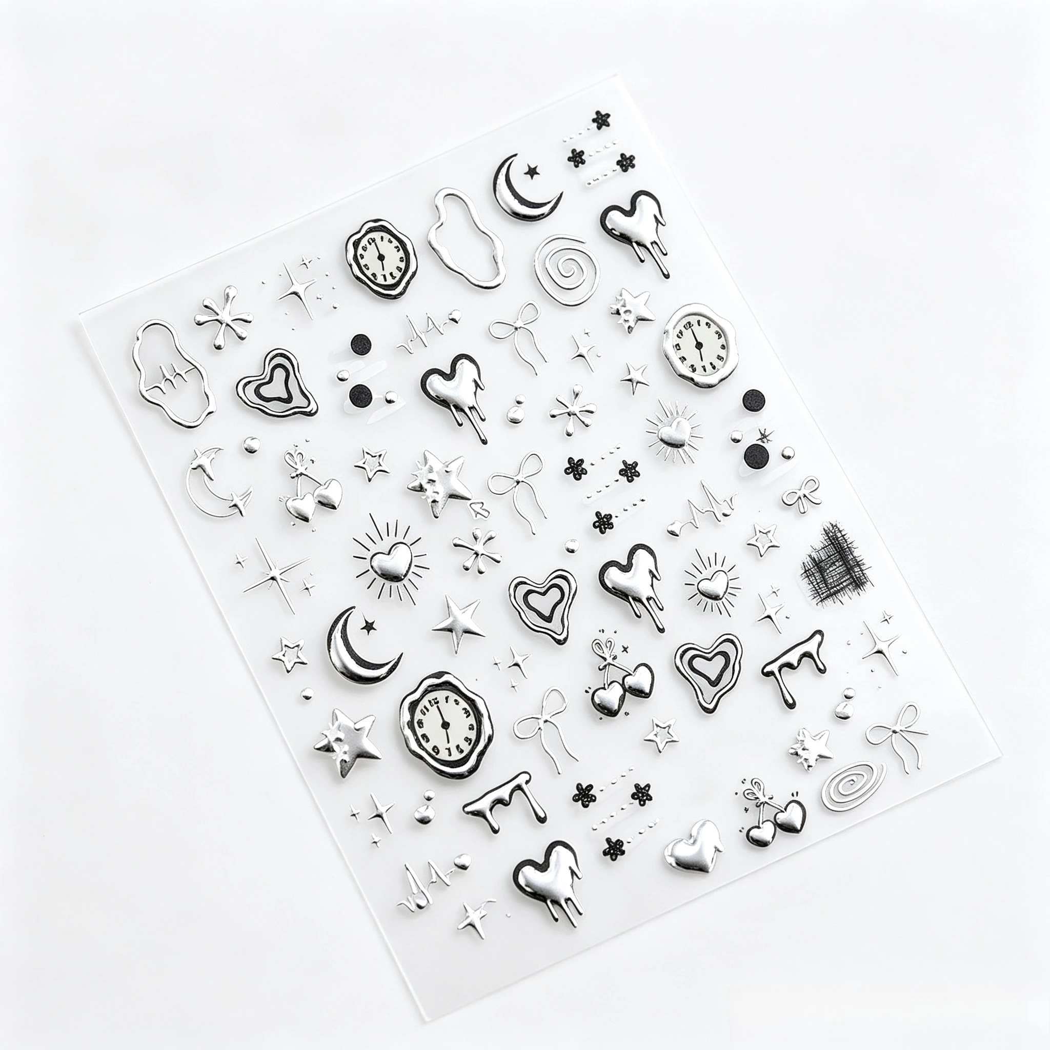 3D Metallic Silver Black Gothic Melting Heart Clock Moon Star Nail Stickers Self‑Adhesive Nail Art Decals for DIY Manicure