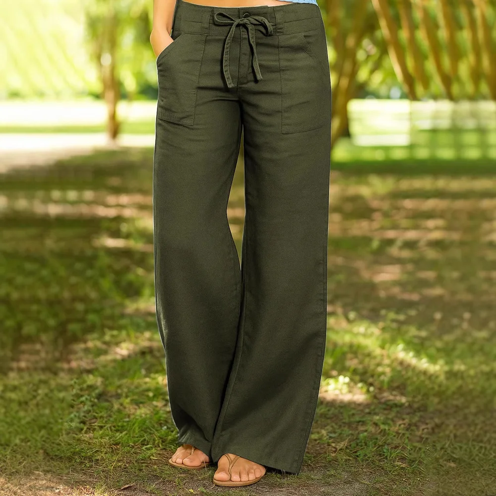 Pantaloni casual da donna in cotone e lino larghi tinta unita con tasca elastica in vita dritta con cinturino a vita alta tinta unita
