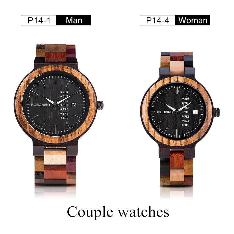 BOBO BIRD Couple Watches Wooden Watch Week & Date Display Valentine\'s Day Gift for Lover Customized Dropshipping