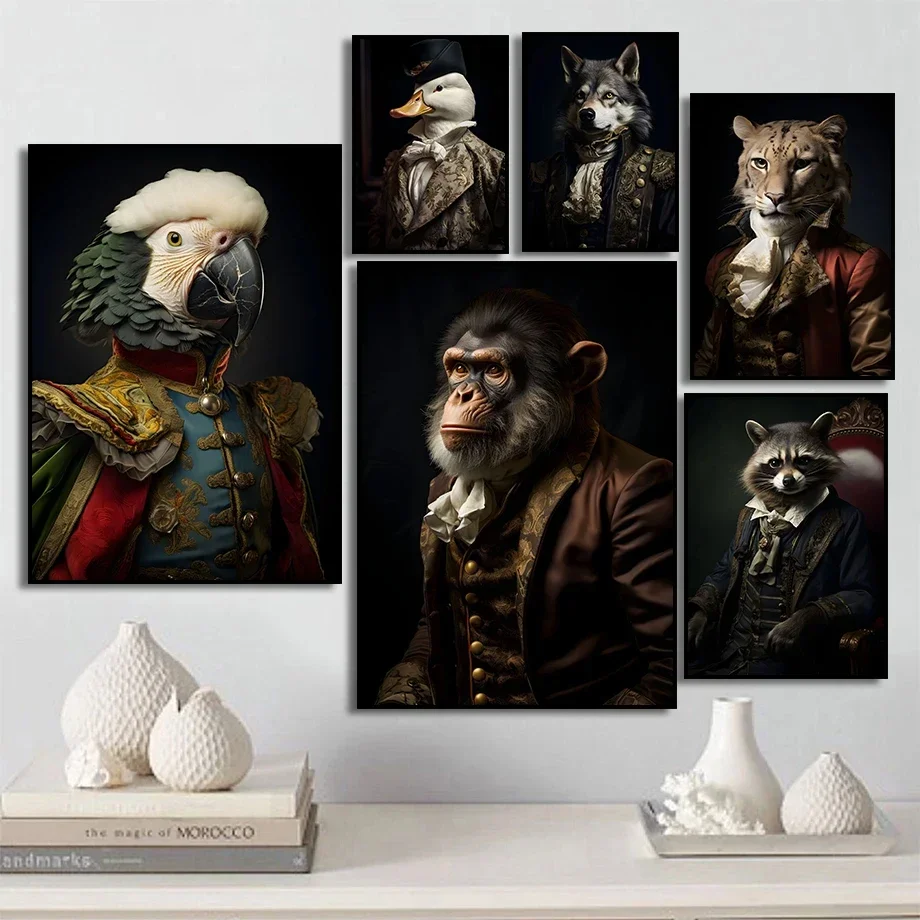 Renaissance European Aristocrat Dog Cat Moose Wolf Deer Owl Duck Monkey Poster Print on Canvas Wall Art Picture Room Home Decor