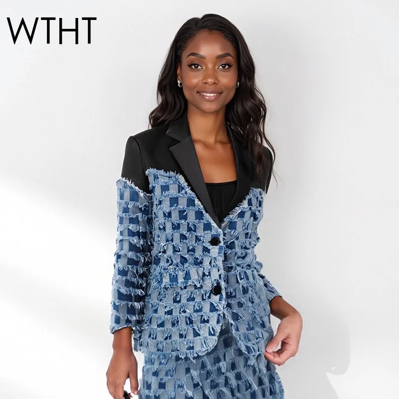 

WTHT Trendy Women's Spliced Denim Plaid Burr Edge Coats Fashion 2025 Autumn Single-breasted Long Sleeves Jackets Female 1LS2361
