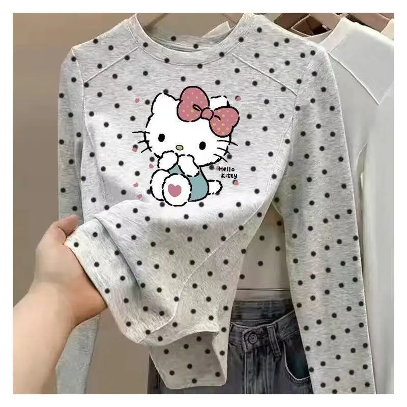 

Женская футболка Sanrio Hello Kitty с длинными рукавами, флисовая, для девочек, осенне-зимняя, многослойная, новый стиль, в горошек, с изогнутым подолом в форме рыбьей кости