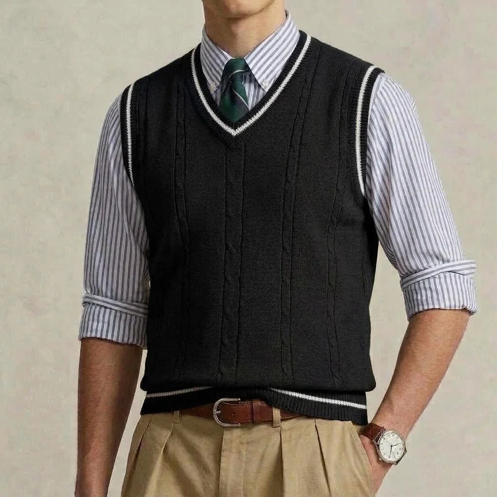 Fall Mens Cable Knitted Tank Jumper VNeck Sleeveless Striped Timeless Vintage Knit Pullover Tops for Spring Light Outer Garment