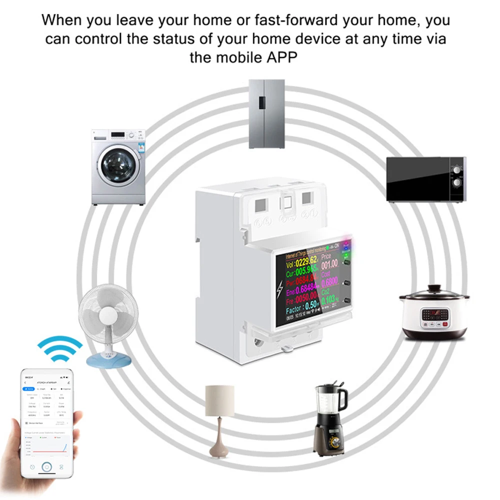 

AT4PW WIFI Din Rail Smart Energy Meter Switch Remote Control AC85-265V Volt Amp Kwh Frequency Factor Meter