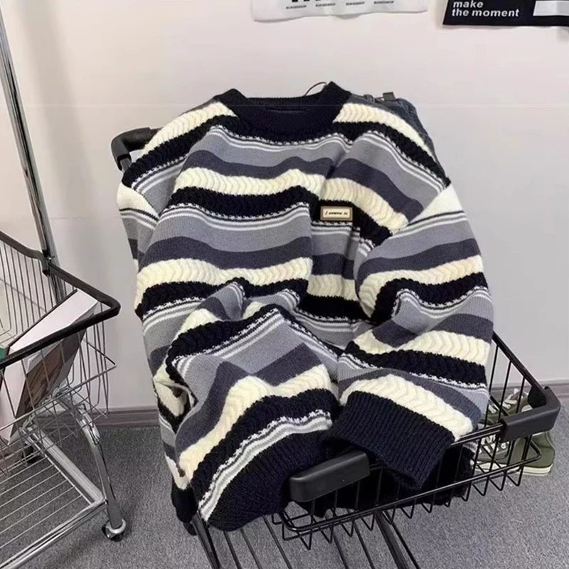 جديد 2025 سترات جاكار مخططة مزينة للرجال Y2K ملابس الشارع الشهير بلوفرات محبوكة غير رسمية مرقعة فضفاضة سحب أوم #6