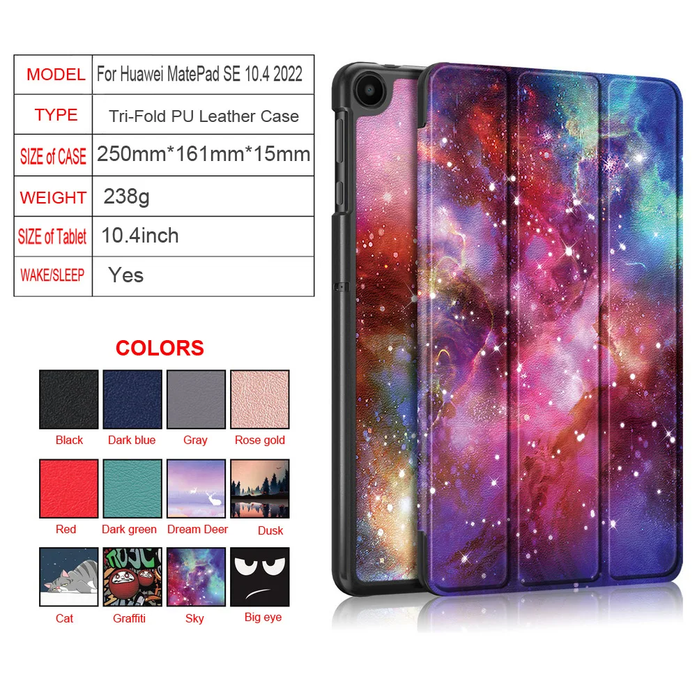 For Huawei MatePad SE 10.4 Case 2022 PU Leather Tri-Folding Cover for Huawei Mate Pad 10.4 Tablet Flip Stand Auto Week and Sleep