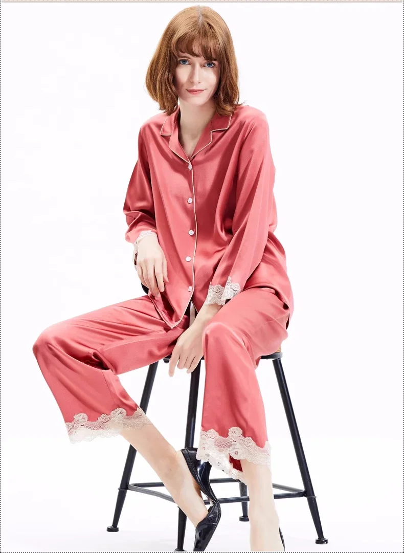 레드 100% 뽕나무 실크 여성 잠옷 잠옷 세트 디자이너 버튼 긴 Pijama 나이트 슈트 순수 실크 레이스 트림 2pcs 잠옷 세트