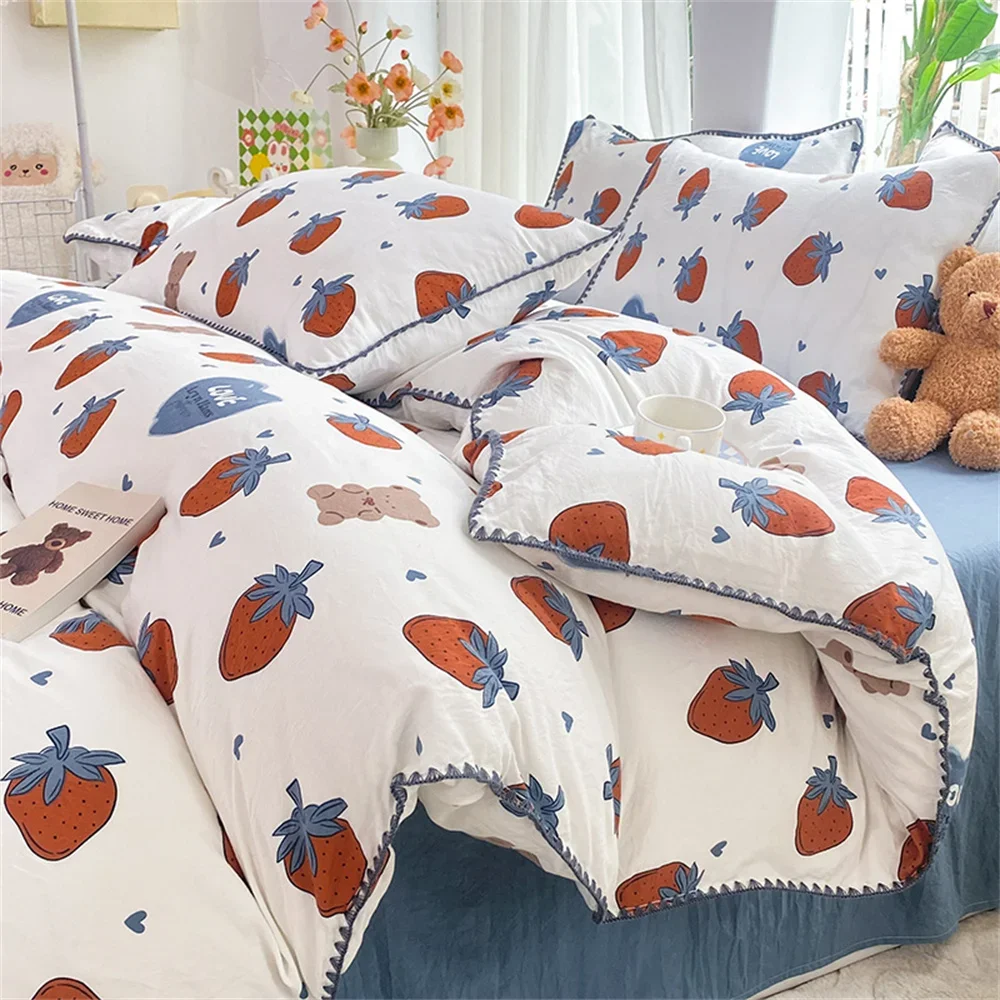 

Cute Strawberry Bedding Set Soft 3/4pcs Blue Bed Sheet Duvet Cover Full Queen Size High Quality Comforter Cover For Child Girls