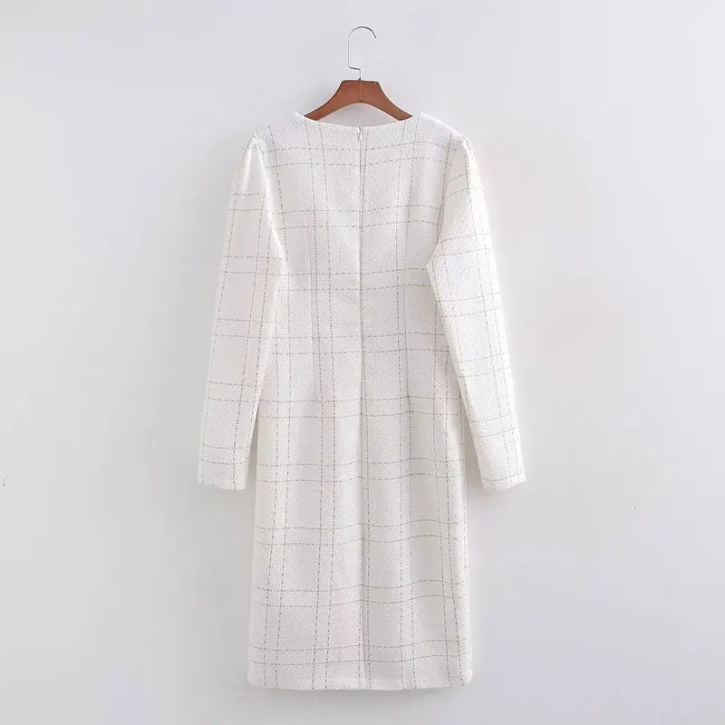 2024 Spring/Autumn White Tweed Dress New Small Fragrant Long sleeved Checkered Women's Dress