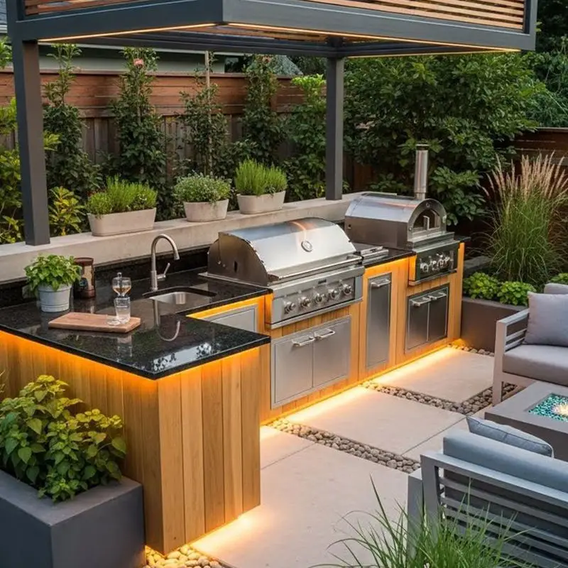 All-in-One Stainless Steel Outdoor Kitchen with Natural Gas Grill & Fridge-High Pressure Protection for Camping Backyard Parties