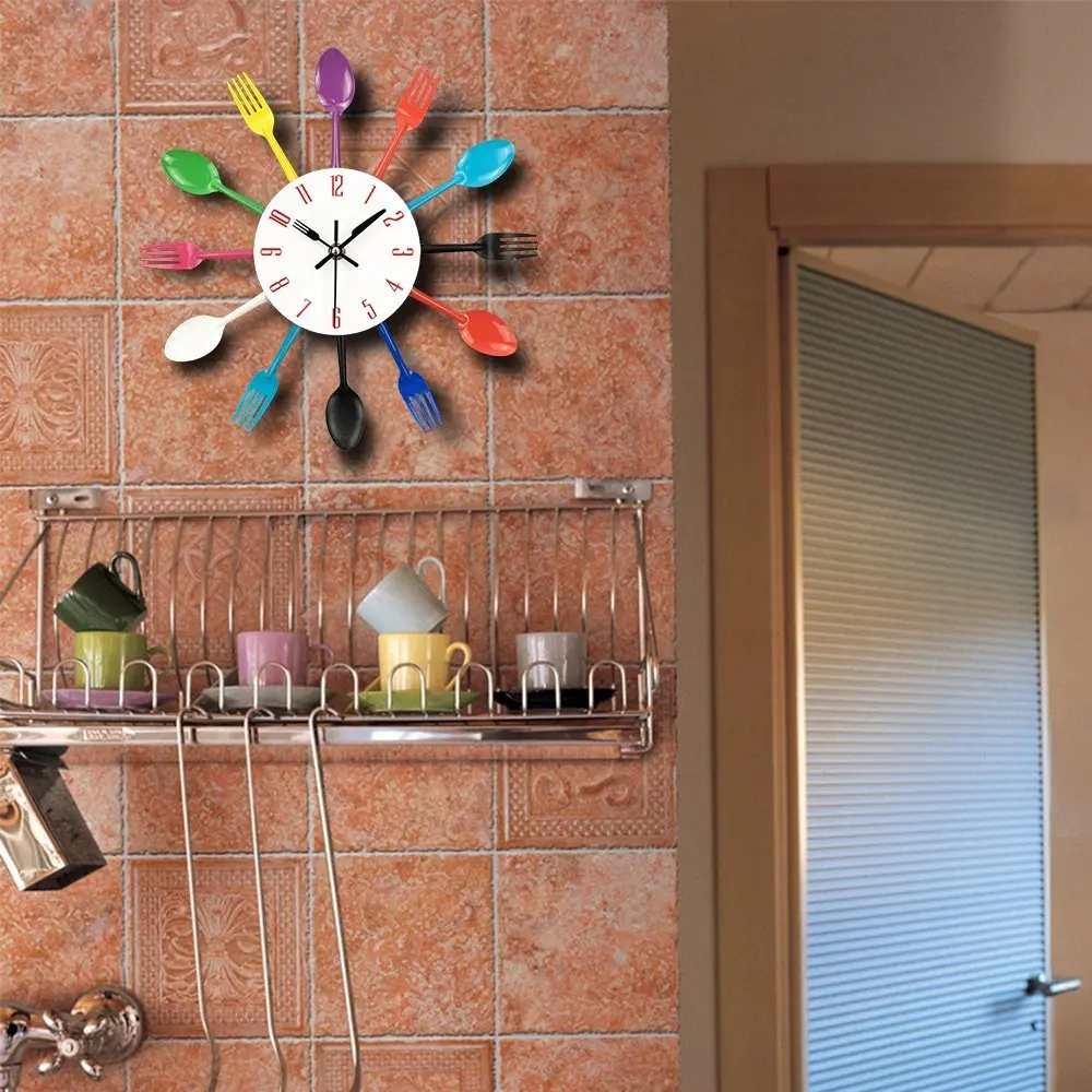 -MEOF Reloj de pared de cocina, cubiertos creativos modernos extraíbles 3D, cuchara de cocina, tenedor, reloj de pared, espejo, pegatina de pared, habitación