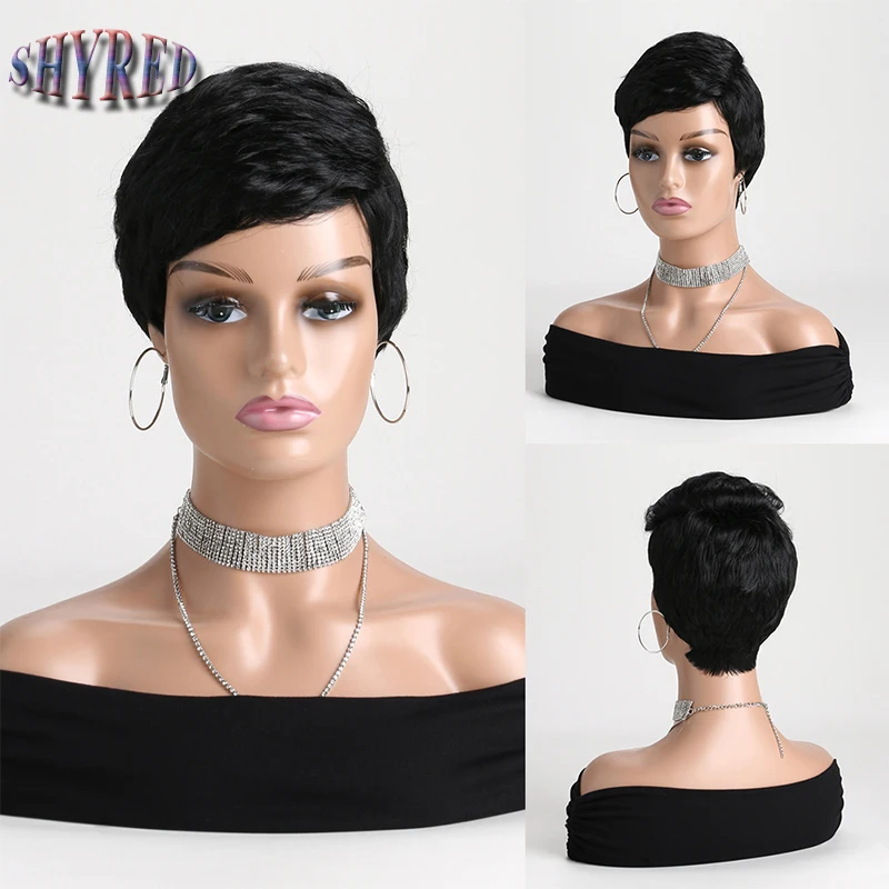 

Synthetic Women's Short Pixie Cut Wig Black Fake Hair with Bangs Daily Mommy Wig Cosplay Halloween