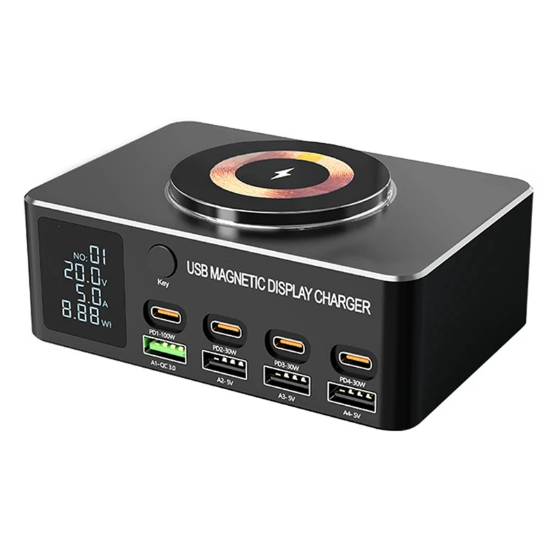 

140W 8 Port USB Charger With 15W Magnetic Wireless Charging PD 100W QC 3.0 Charging Station For Laptop Phone