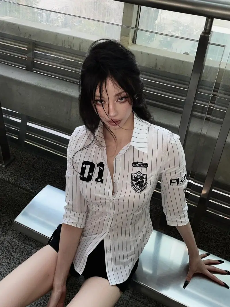 American Retro Black White Stripes Long Sleeve Short Shirt Women Summer High Sensation Waist Cinching College Style Top