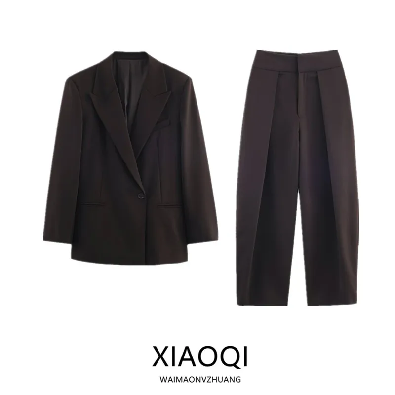 

Winter 2025 Women's Loose Double-Breasted Suit Jacket And Mid-Waist Long Pants Fashion Set New Arrival Elegant Casual Wear
