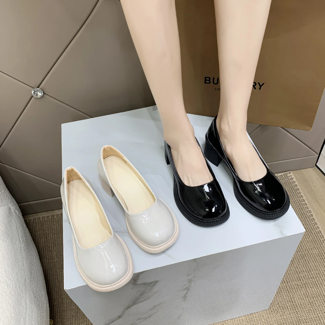 New Low-heeled Single Shoes New Pointed Toe Chunky Heel High Shoes Bridesmaid Wedding Shoes Lady Pumps Dress Shoes