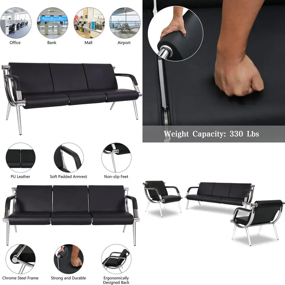 

5-местное офисное кресло для зоны ожидания с подлокотниками - идеально для аэропортов, больниц, банков (черный ПУ)