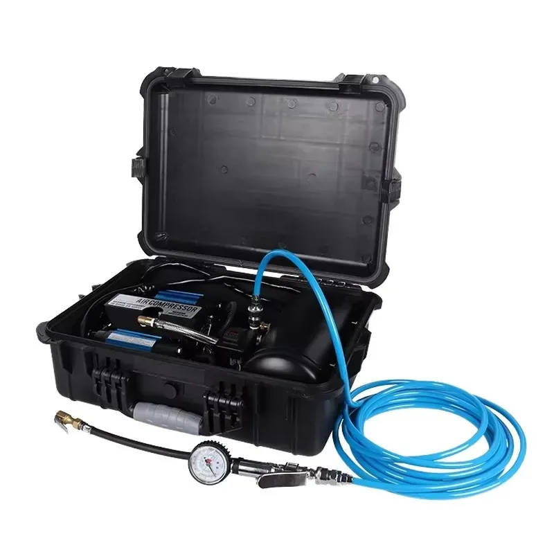 DC12V 4WD Portable Electric Air Pump Twin Cylinder Tire Inflator with Pressure Monitor and Storage Box for Car