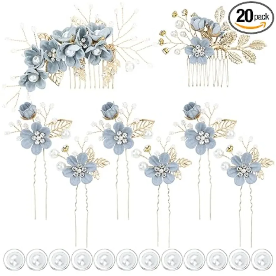 

20 Pack Classy Dusty Blue Flower Bridal Wedding Hair Side Combs+Floral Hair Pins+Twist Spiral Pearl Hair Pins Clips Pieces Formal Prom Headpieces Accessories for Brides Bridesmaids Women Girls, 20 Pack Light Blue
