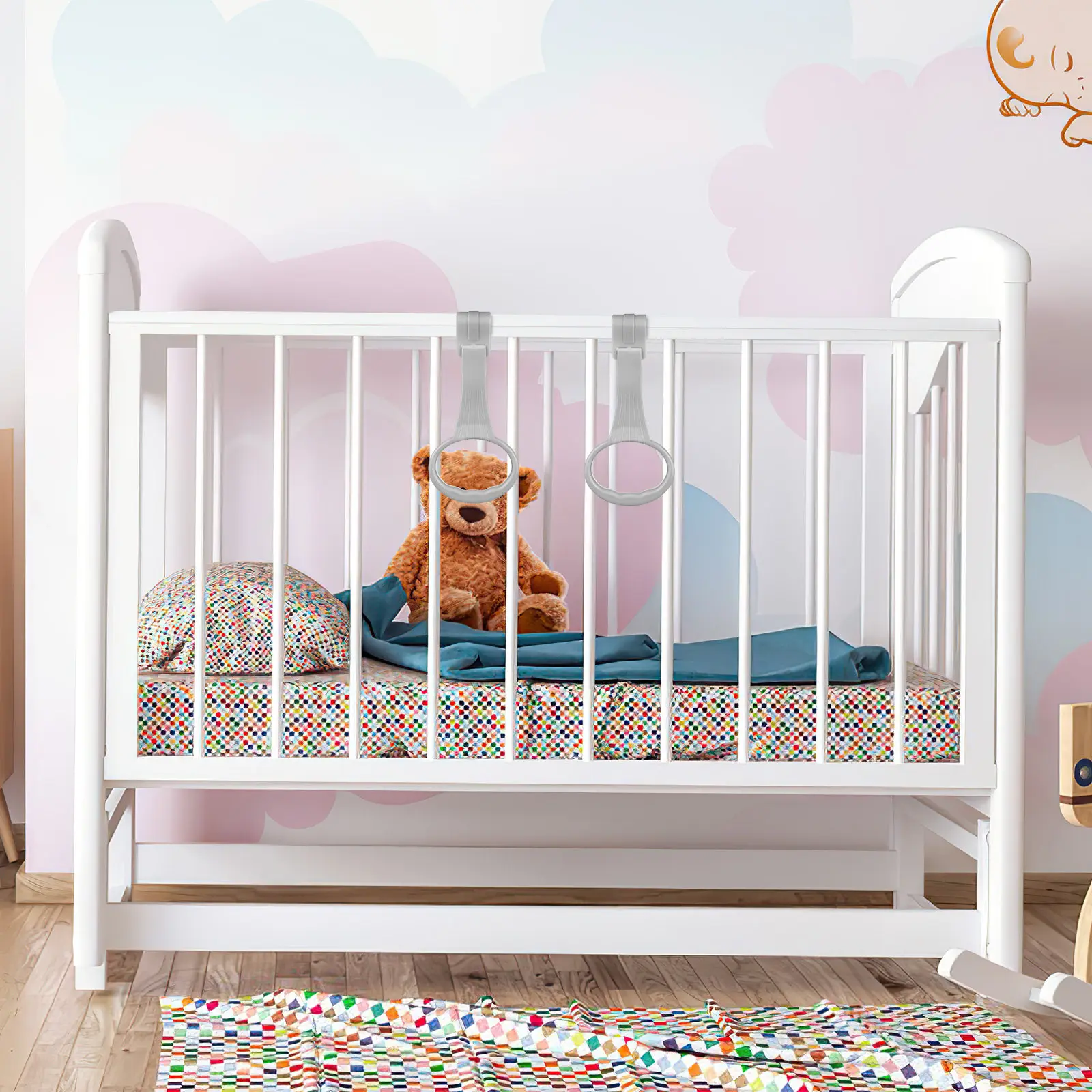 

1 пара кольцевых ручек для детской кроватки, кольца для поддержки при вставании из кроватки, яркие цвета, легко переносить, удобно для путешествий, безопасно