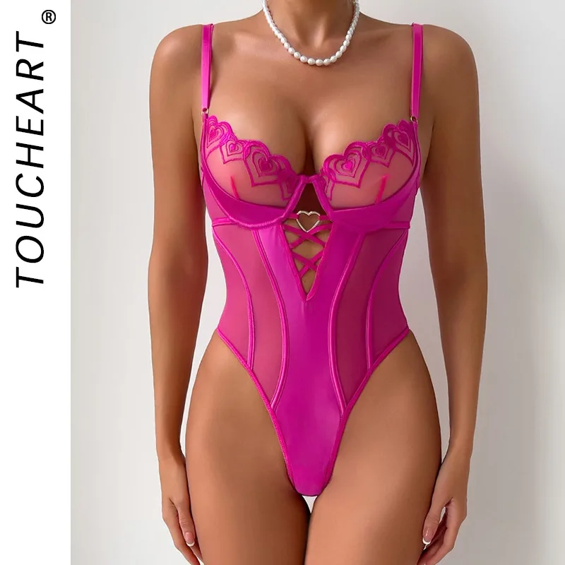 

Toucheart кружево ажурное сексуальное интересное боди Babydoll прозрачный обтягивающий однотонный костюм Babydoll на тонких бретельках комплект