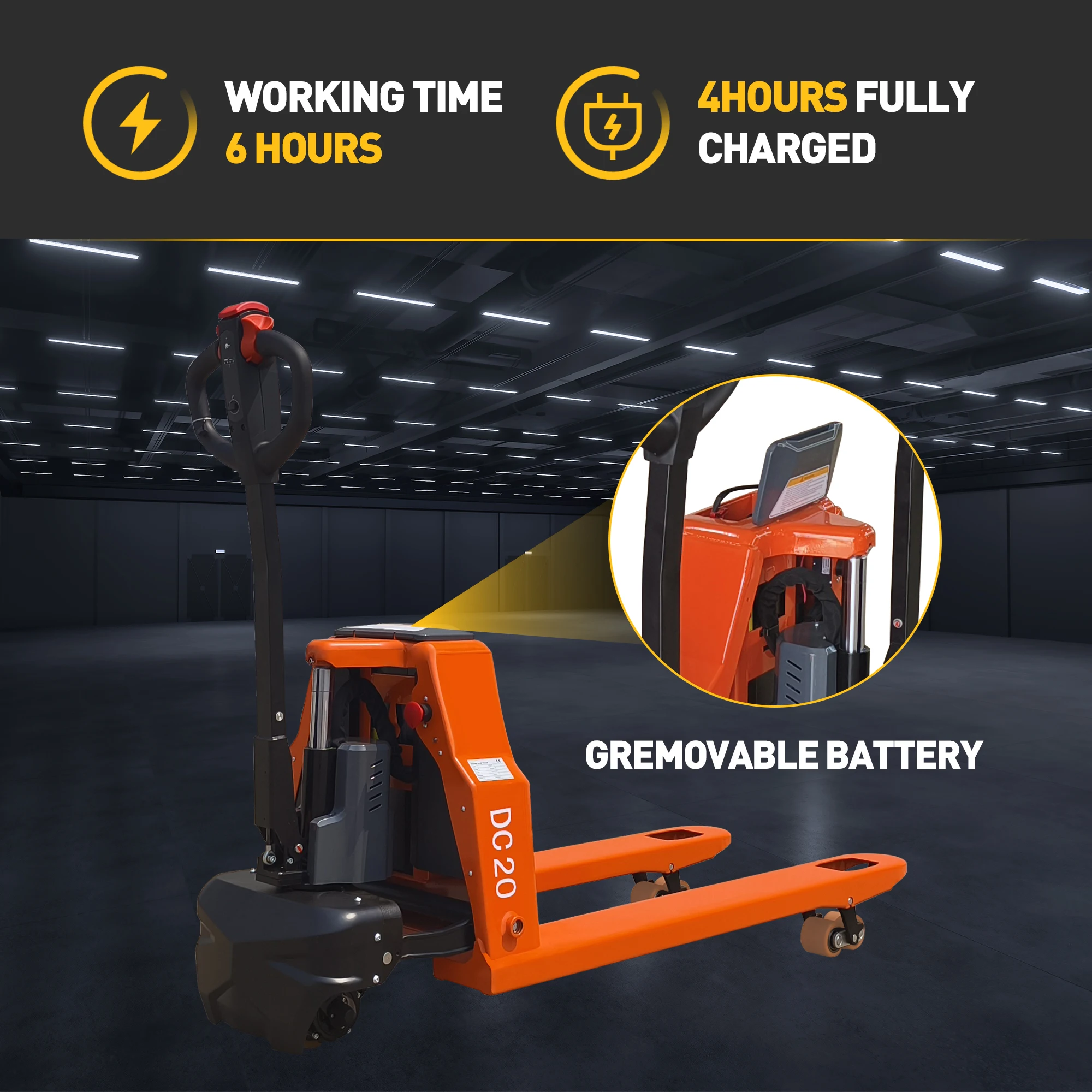 Gato para palés totalmente eléctrico, transpaleta con capacidad de 4400 libras, batería de litio de 48 V y 20 Ah, 6 horas de tiempo de trabajo, 48 x 27 pulgadas