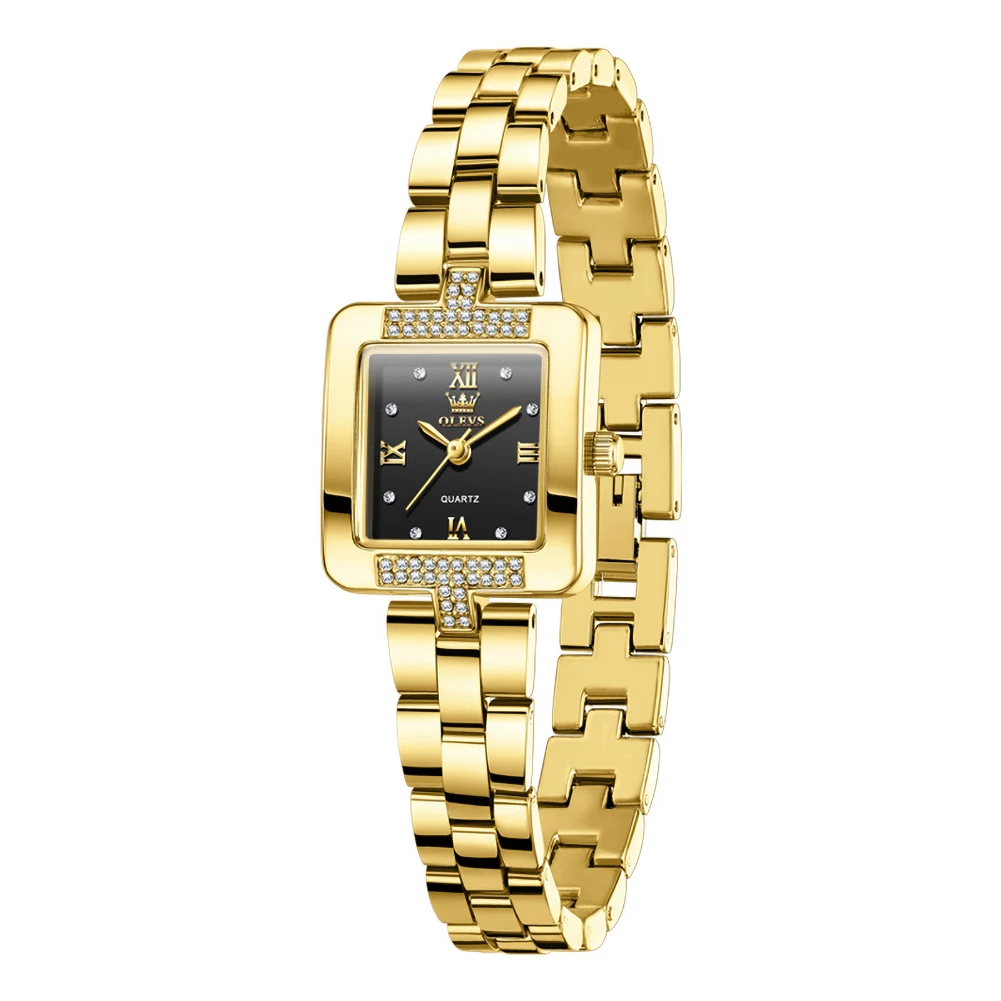 OLEVS Elegant Ladies Quartz Watch Gold Square Case Rhinestone Diamond Inlaid Metal Bracelet Waterproof Wrist Watch Birthday Gift