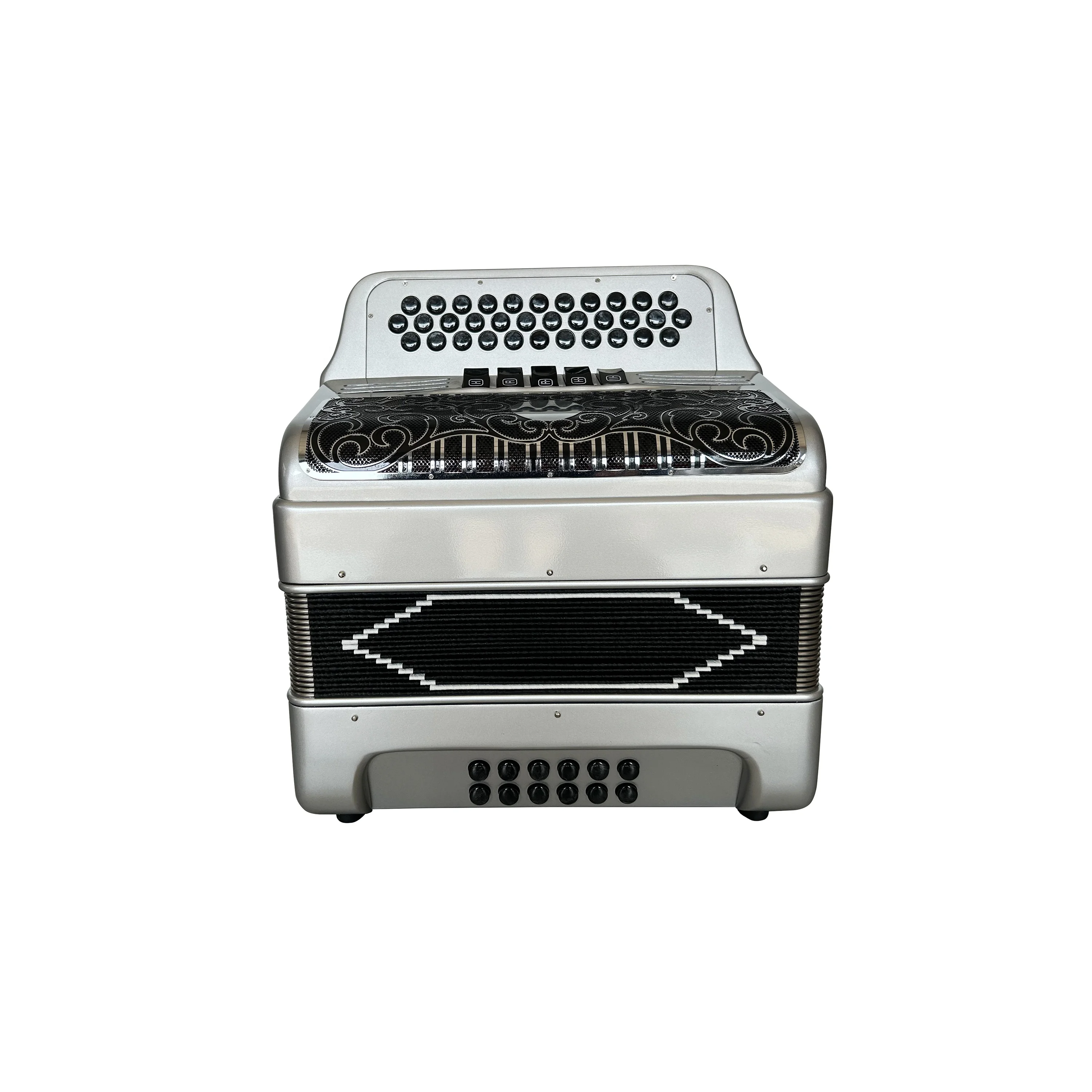 Professional Diatonic Accordion Instrument 34 Buttons 12 Bass 5 Registers Silver Body Black Silver Grill JB3412D
