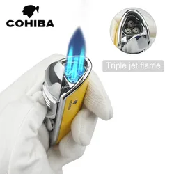 2024 New COHIBA-Windproof Metal Cigar Lighter 3 Jet Blue Flame Turbo Torch Portable Igniter With Cigar Punch Tool Original Gift