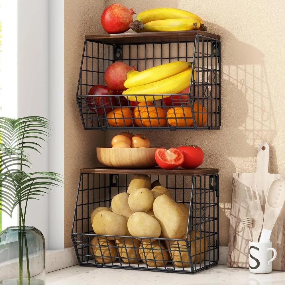 

2pcs Fruit Basket Kitchen Storage Basket with Wood Lid, Stackable Wall Basket Fruit Basket for Kitchen, Countertop Organizer for