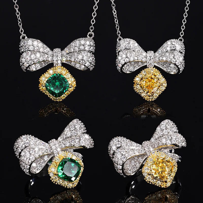 

Micro Pave Zircon Bowknot Style Green Yellow Crushed Ice Cut High Carbond Diamond Pendant Necklace Adjustable Ring Jewelry Set