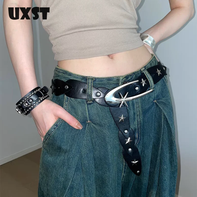 UXST Millennium Spice Girl Retro Circular Rivets Punk Style Belt Flying Patchwork Design Belt Summer 2025 New Belt
