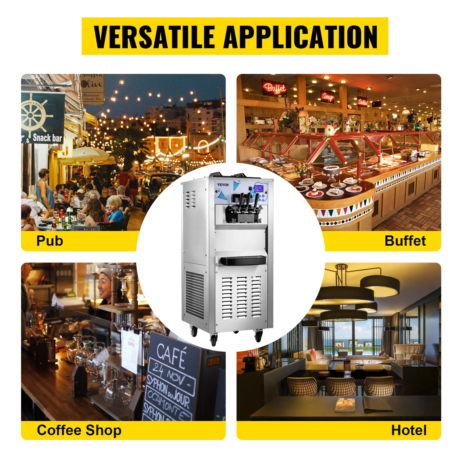 VEVOR 40L/H Soft Ice Cream Maker Commercial Mobile Tricolor Flavors Sorbet Sweet Cones Benchtop Gelato  Vending Freezing Machine