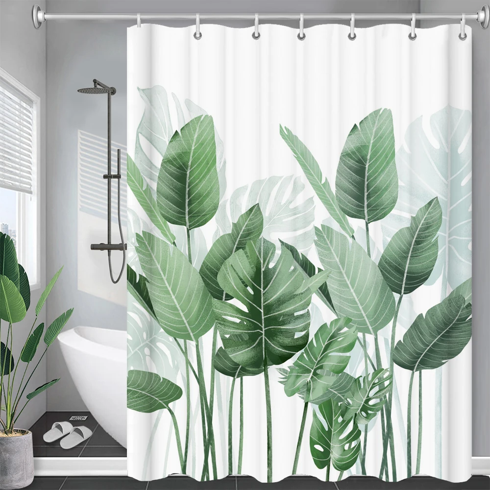 High Quality Green Plant leaves Fabric Shower Curtain Waterproof Monstera leaf Bath Curtains for Bathroom Decor with Hooks