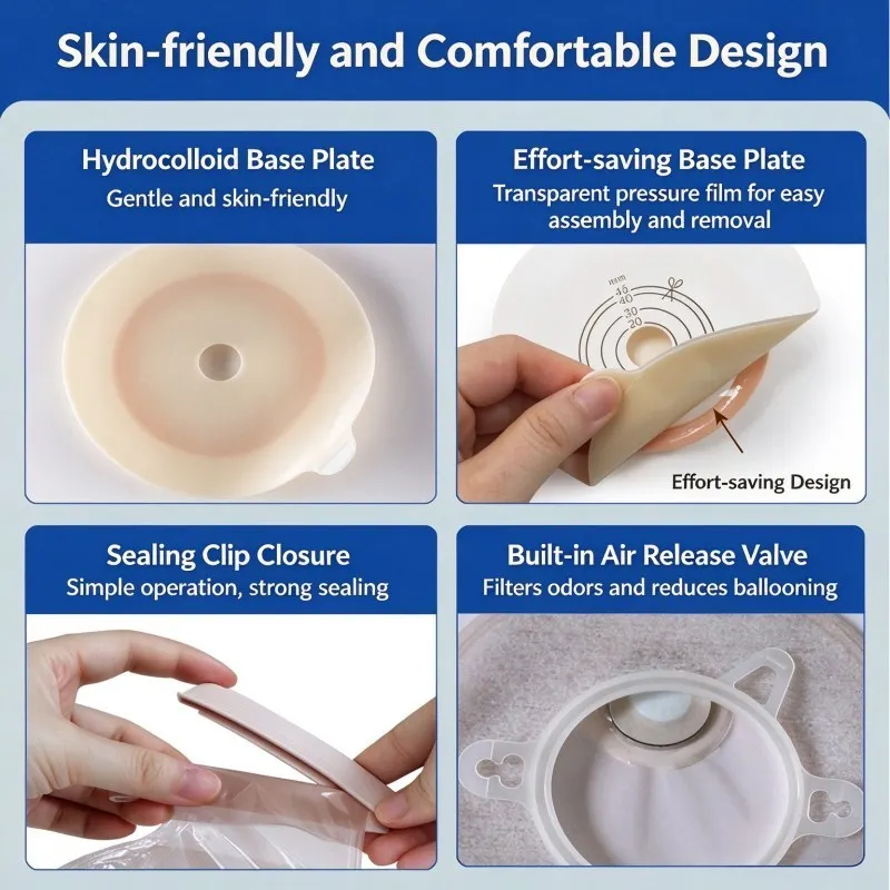 Two-piece Ostomy Pouch Hydrocolloid Flat Barrier Stoma Care Secure Seal for Fecal Collection & Colostomy