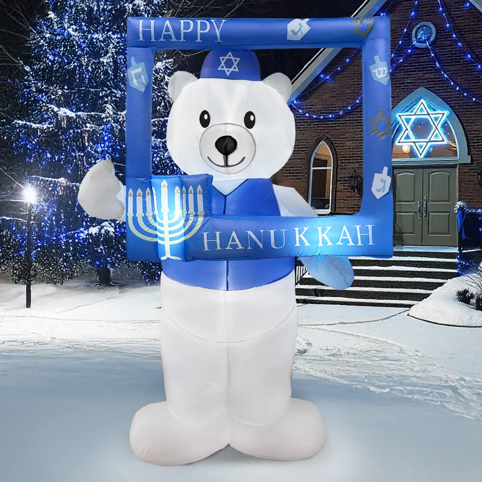 6.4 FT Hanukkah Inflatable Outdoor Holiday Yard Decorations Frame with Polar Bear Decor, Hanukkah Inflatables Outdoor with LEDs