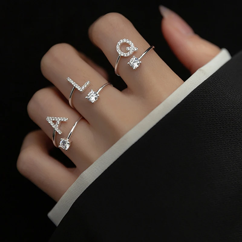 Shining Rhinestone 26 Letters Adjustable Rings New Fashion Initial A-Z Alphabet Opening Ring For Women Charm Jewelry Gift