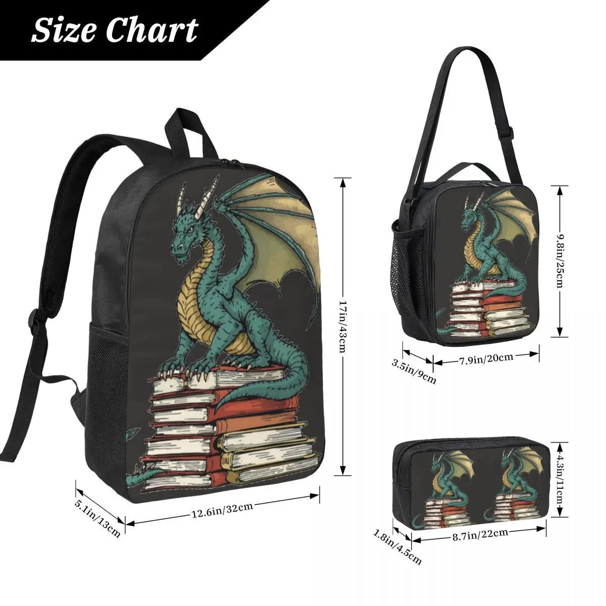 Green Dragon With Books Backpack Student BookBag School Bag Computer Shoulder Bags 3ps Insulated Lunch Bag Pencil Case