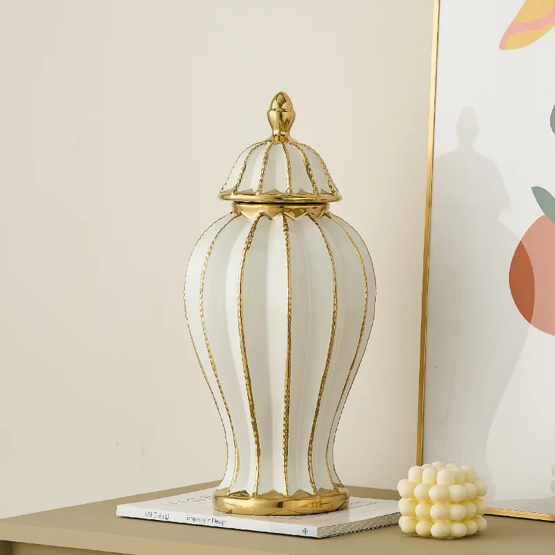 Ceramic Vase Porcelain Ginger Jar Gold Check Irregular Handicraft Storage Tank Flower Vase Home Decoration Accessories