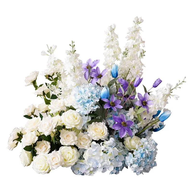 Blue Artificial flower wedding road lead backdrop wall decoration silk fake flower Customize flower row home decoration shooting