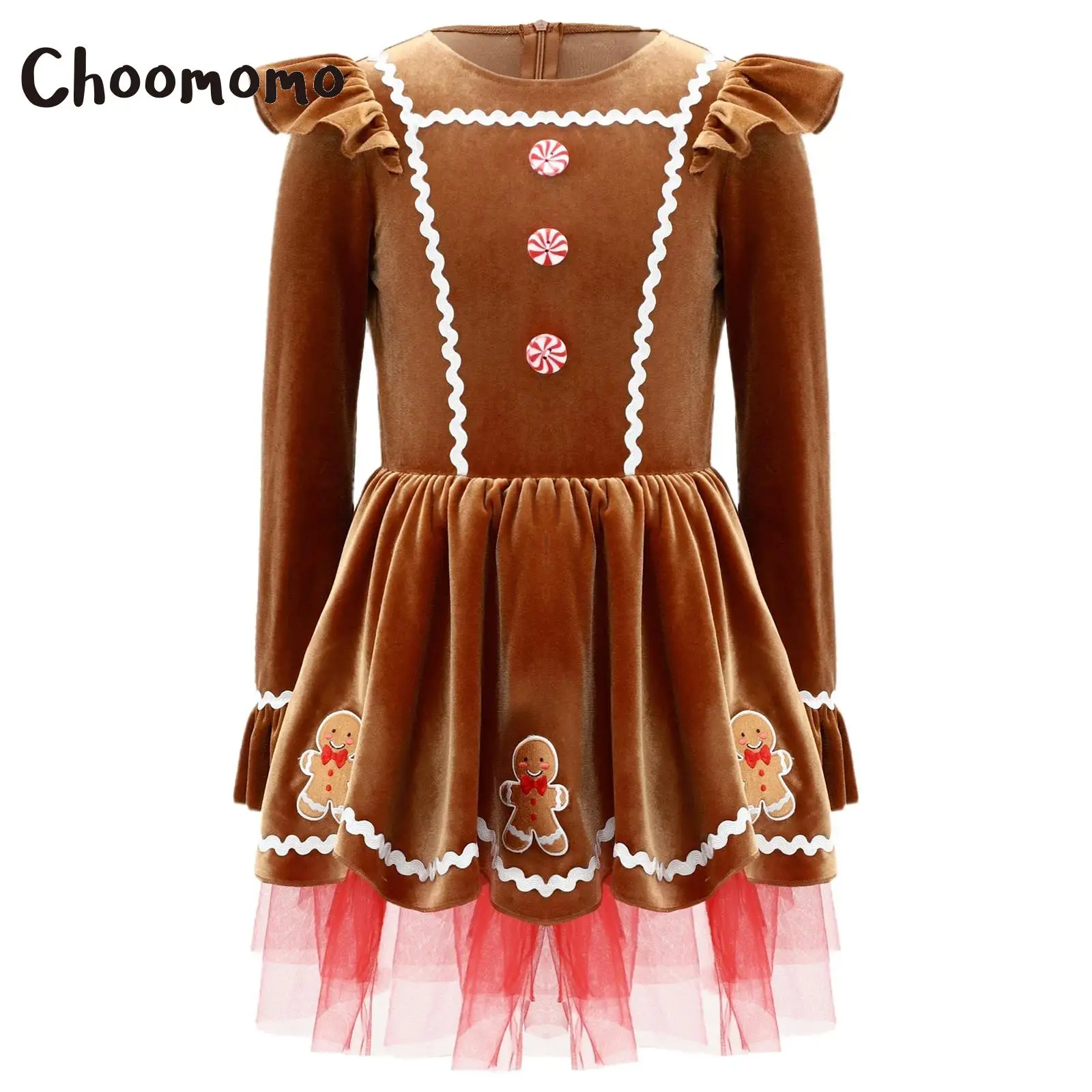

Girls Christmas Gingerbread Man Party Dress Candy Cane Santa Cookie Cosplay Long Sleeve Figure Skating Ballet Leotard Tutu Dress