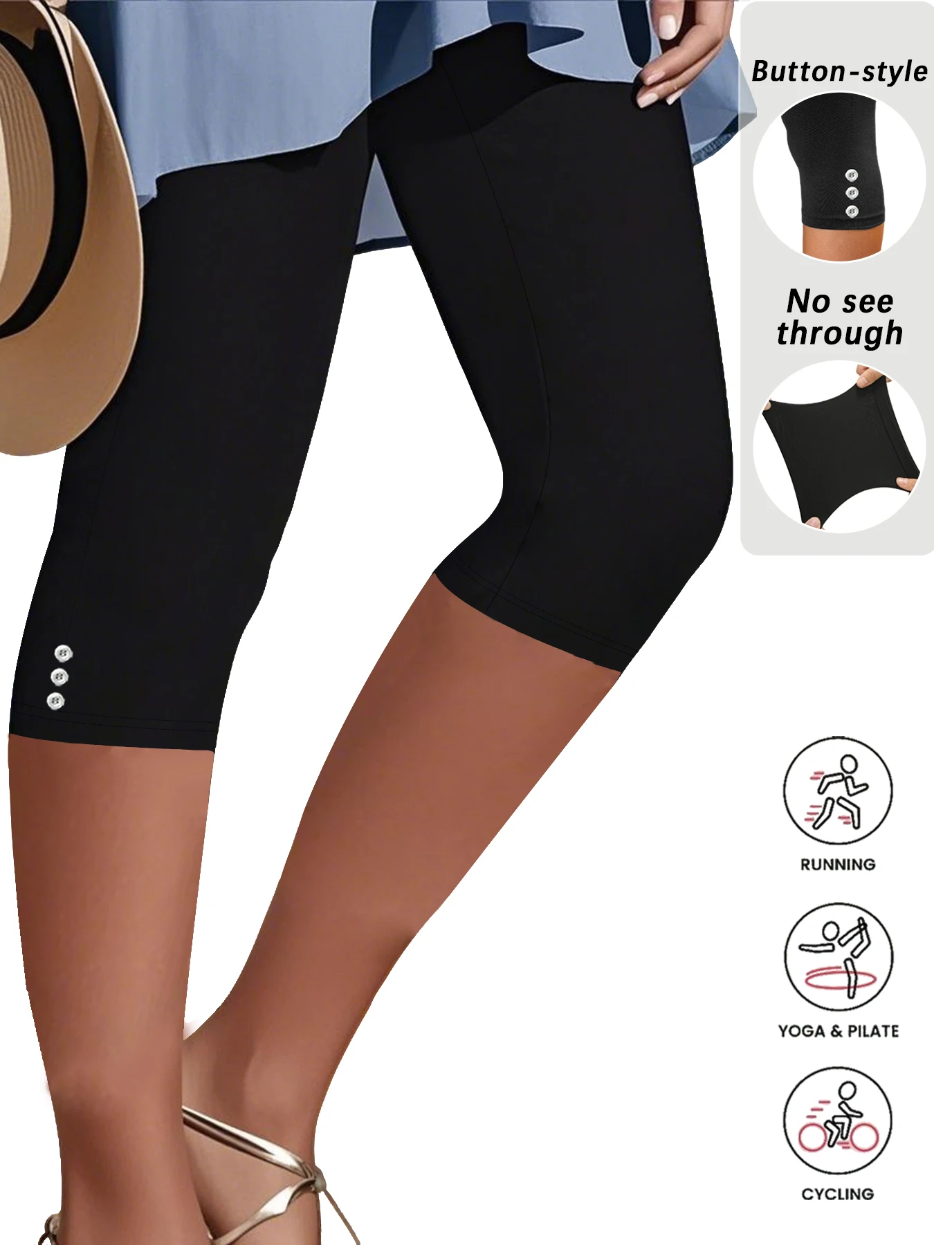 

Women's Super Soft Capri Pants With Side Button Detail, No See Through Workout Running Yoga Athletic Leggings