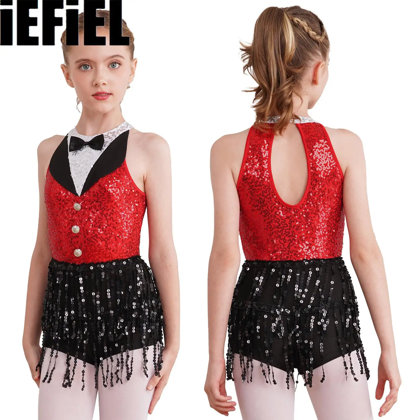 Vestido de baile con borlas y lentejuelas para niña, ropa de baile de una pieza sin mangas, con abertura en la espalda, para Jazz Latino