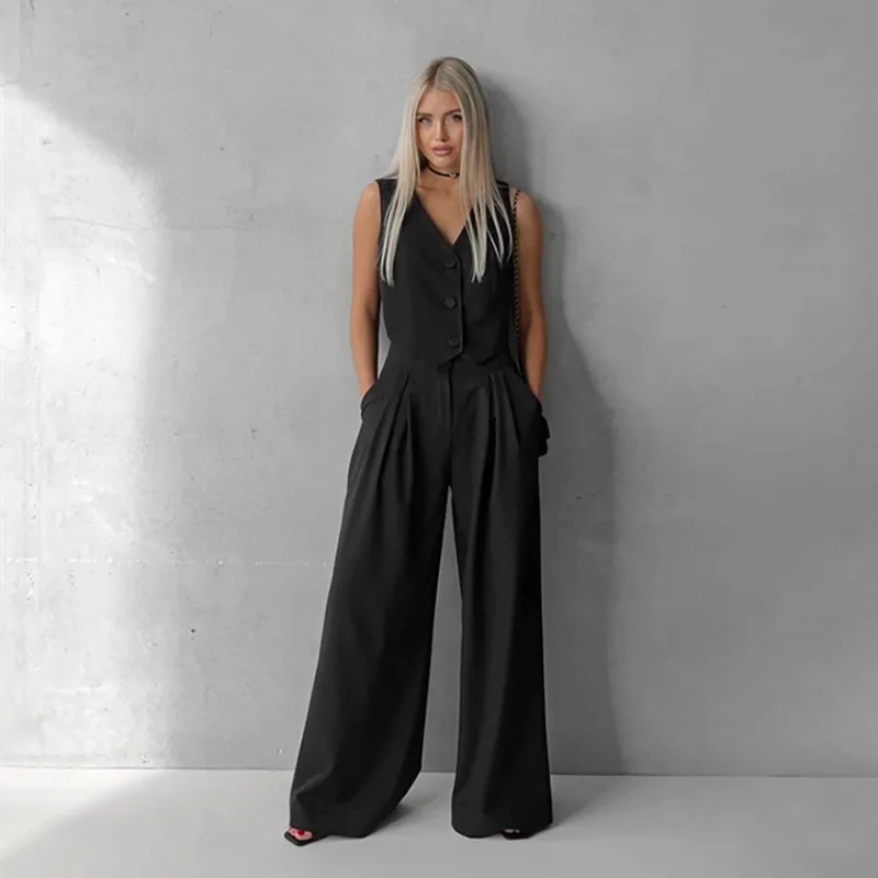 Summer Simple Fashion Casual Sleeveless Vest V-neck Solid Color Loose Broadfoot Pant Suit