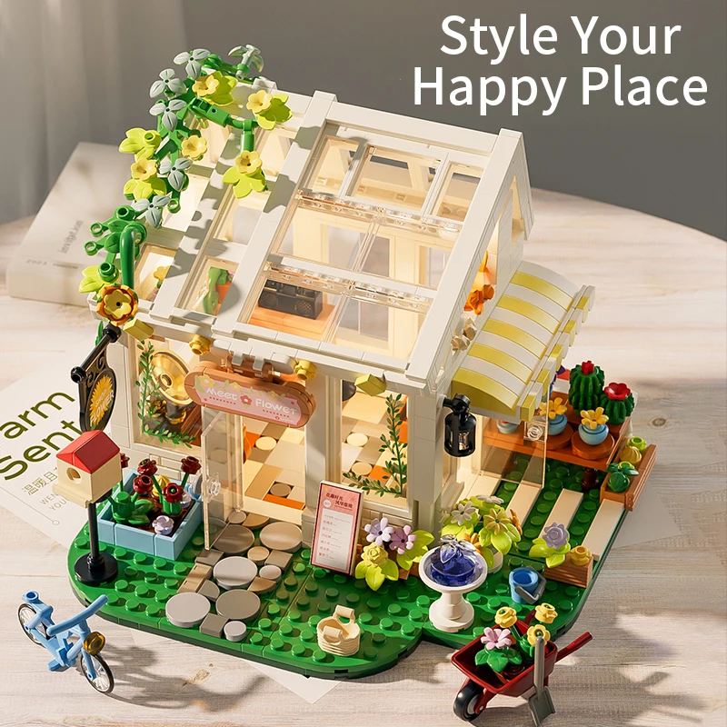 KAVO Newest Flower shop house Building Blocks with light diy Creative Civy View Greenhouse Building Bricks Toys For Kids Gifts