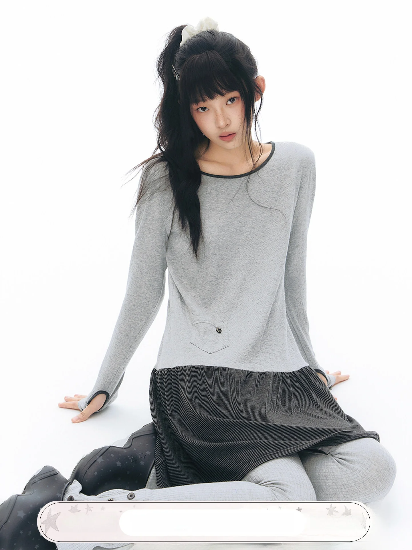 

NAPSNAPS Original Knitted Splice Dress Women's Spring New Lightweight Long Sleeve round Neck T-shirt One-Piece Dress Casual S...