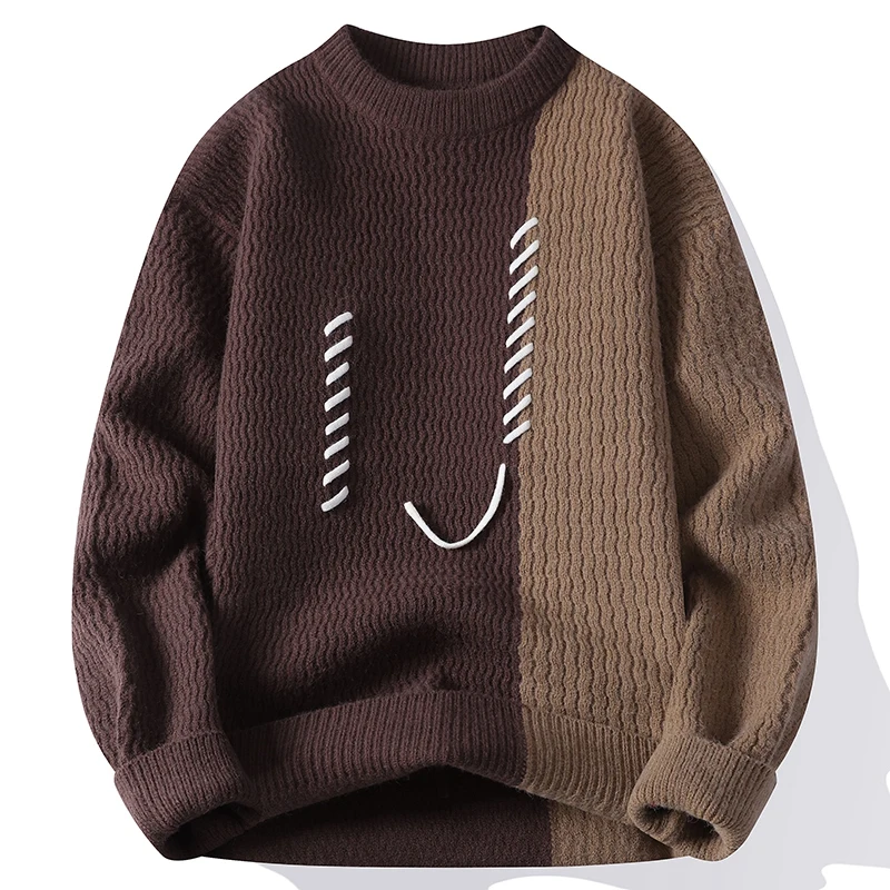 

Men's Brand Sweater O-Neck Patchwork Autumn/Winter Contrast Color Korean Trend Fashion Thicken Warm Pullovers Knitted Tops