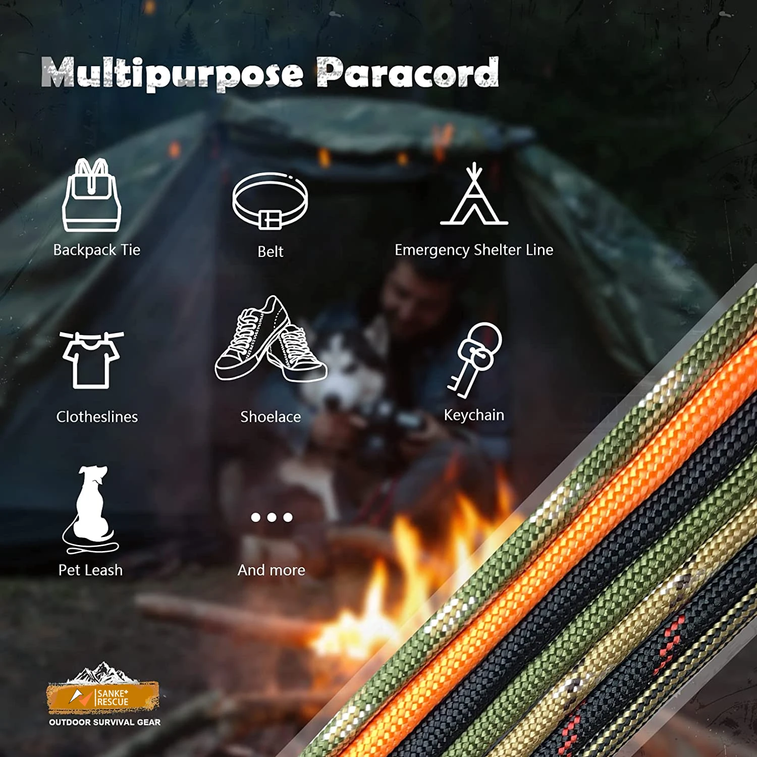 Paracord Survival Parachute Fire Cord Survival Ropes 11-in-1 U.S.Military Type with Integrated Fishing Line Fire-Starter Tinder