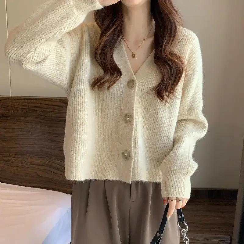 2024 New Autumn and Winter Woman\'s Clothing Loose Jacket V-neck Sweater Cardigan Top Solid Color Simplicity OL Grace Elegant Ins