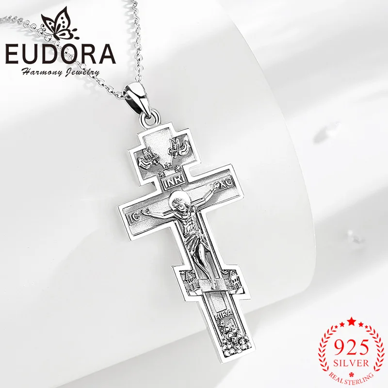 

Eudora Crucifix Cross Necklace 925 Sterling Silver Religious Amulet Jesus Pendant Christian Jewelry Vintage Gift for Men Women